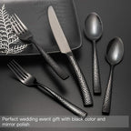 Flatware Set Silverware Set 20 Pieces Mirror Finished Black Stainless Steel Cutlery Set Forged with Hammered Handle Service for 4