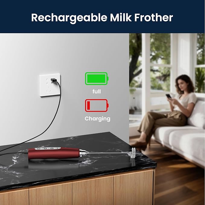 Milk Frother Rechargeable Handheld-Electric Whisk 3 Speed Adjustable, Frother Wand Coffee with 3 Stainless Whisks, Electric Foam Maker, Drink Mixer Blender for Latte Cappuccino Matcha Egg