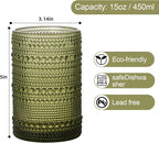 Vintage Glassware Drinking Glasses Set of 6,15 oz Hobnail Glass Cups,Embossed Green Water Tumbler,for Beer,Cocktail,Whiskey,Juice and Various Mixed Drinks- 1 Cleaning Brush