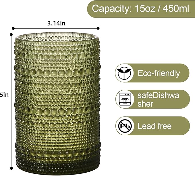 Vintage Glassware Drinking Glasses Set of 6,15 oz Hobnail Glass Cups,Embossed Green Water Tumbler,for Beer,Cocktail,Whiskey,Juice and Various Mixed Drinks- 1 Cleaning Brush