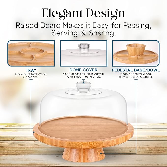 Homeries Bamboo Cake Stand with Lid, Cake Plate, (6 in 1) Multi-Functional Serving Platter, Large Cake Stand with Dome, Cake Display Stand with lid & Cake Dome - Use as Cake Holder, Cake Cover