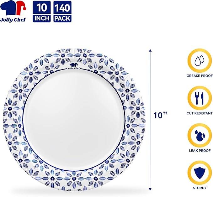 JOLLY CHEF 10 inch Disposable Paper Plates 140 Count, Soak Proof, Cut Proof, Heavy Duty Paper Plates for Everyday Use