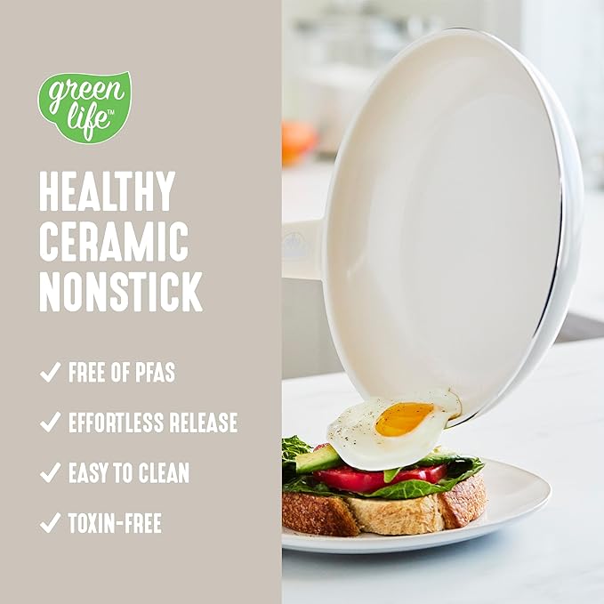 GreenLife Soft Grip 16 Piece Cookware Set, Non-Toxic PFAS-Free Ceramic Nonstick, Frying, Sauce, Saute, Utensils, Glass Lids, Stay-Cool Handles, Wobble Free, Dishwasher & Oven Safe, Cream