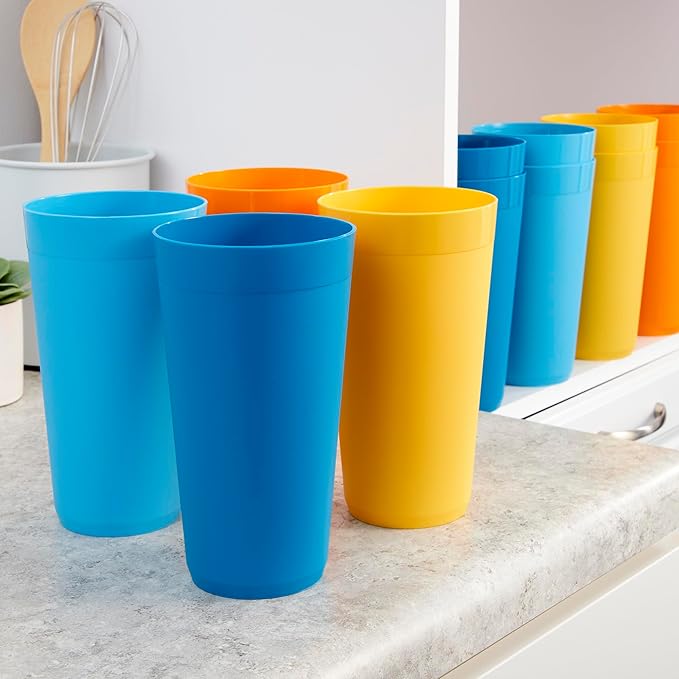 US Acrylic Newport 32 ounce Unbreakable Plastic Stackable Iced-Tea Tumblers in 4 Sunrise Colors | Set of 12 Drinking Cups | Reusable, BPA-free, Made in the USA, Top-rack Dishwasher and Microwave Safe