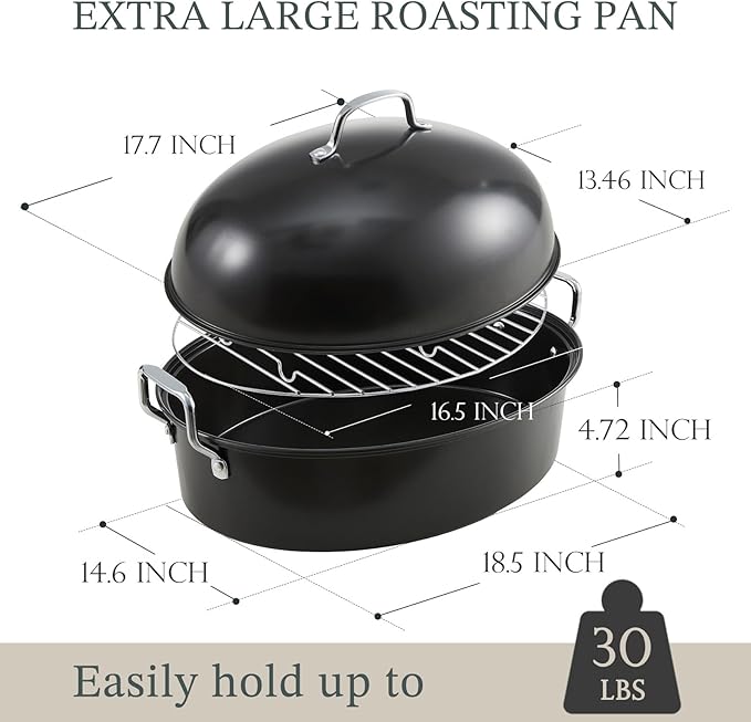 KITESSENSU Extra Large Roasting Pan with Lid - Nonstick Turkey Roaster Pan with Rack 18.5 x 14.5 Inch - Heavy Duty Covered Roasting Pot - All Ovens Fit & Dishwasher Safe, Gray