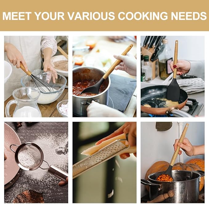 Cooking Utensils Set- 35 PCs Kitchen Utensils with Grater,Tongs, Spoon Spatula &Turner Made of Heat Resistant Food Grade Silicone and Wooden Handles Kitchen Gadgets Tools Set for Nonstick Cookware