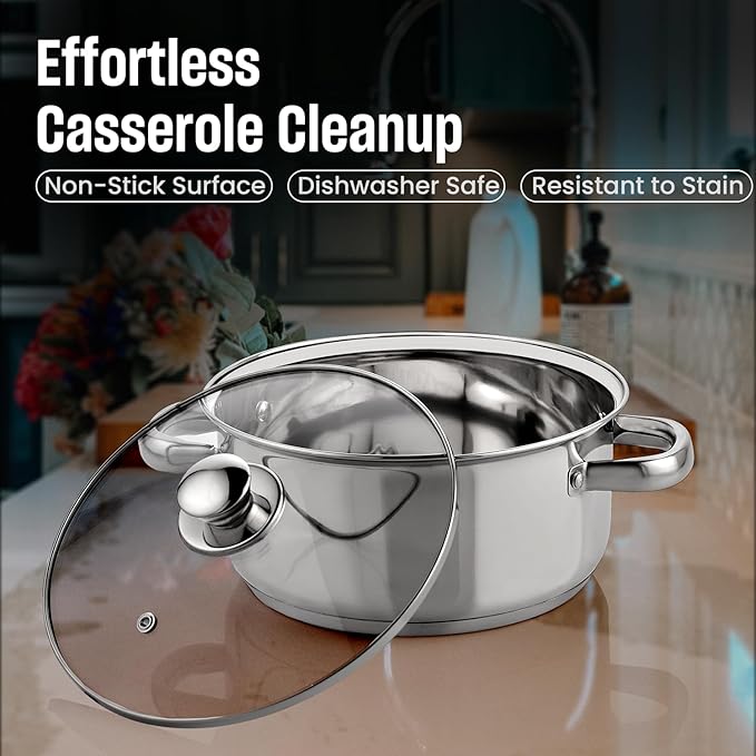 MARBELLA 4 Quart Stainless Steel Stockpot with Glass Lid – Heavy Duty Casserole for Stew, Soup, Induction, Gas & Dishwasher Safe (Silver)