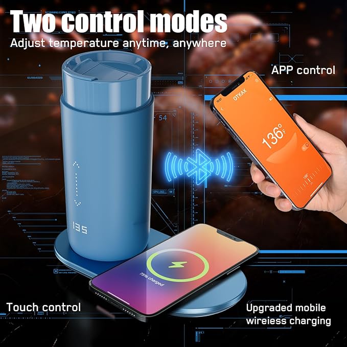 Temperature Control Heated Coffee Mug Smart Self Heating Travel Mug 12 Oz App Controlled Warmer Mug 4-10 Hour LED Display Keep Coffee Hot All Day Fast Wireless Charger Base Lake Blue