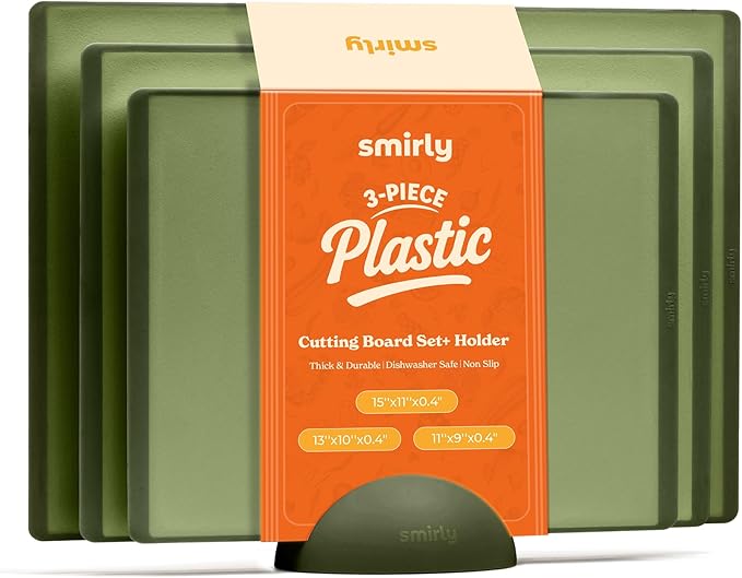 SMIRLY Plastic Cutting Board Set with Holder 3 Pieces, Non-Slip Dishwasher Safe Chopping Boards for Kitchen, Green