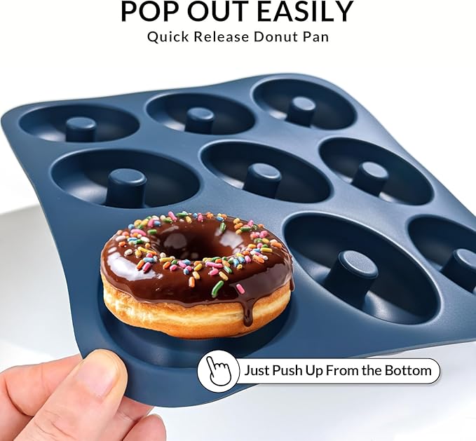 Large Silicone Donut Pan for Baking, 9 Cavity Non-Stick Food Grade Silicone Donut Molds, Doughnut Pan and Bagel Pans for Baking & Kitchen, BPA Free 11.2 x 11.1 Inches, Dishwasher Safe - Blue