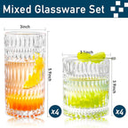 Drinking Glasses, 8 Piece Crystal Glass Cups, Mixed Glassware Set, 4 pcs 13oz Highballs and 4 pcs 11oz Old Fashioned Whiskey Glasses, Great for Cocktail, Whisky and other Beverages