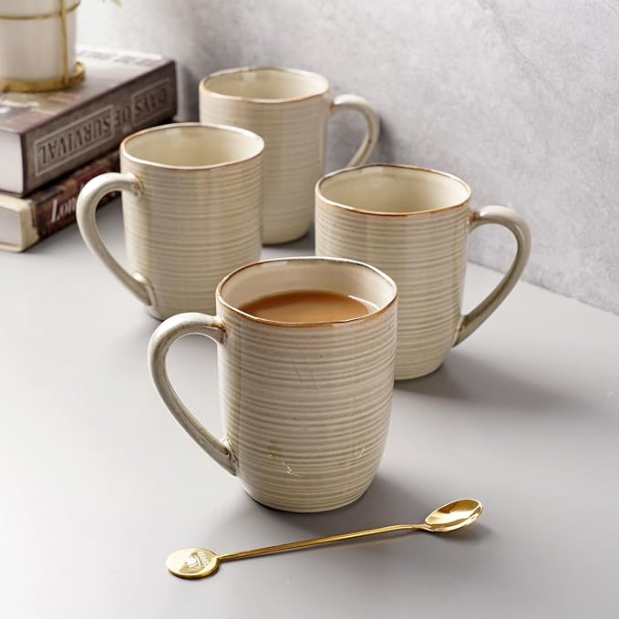 famiware Tempus Coffee Mugs Set of 4, 14 oz Coffee Cup Set, Stoneware Mugs with Handle for Coffee, Tea, Cocoa, Milk, Cappuccino, Microwave Safe - Castle Wall