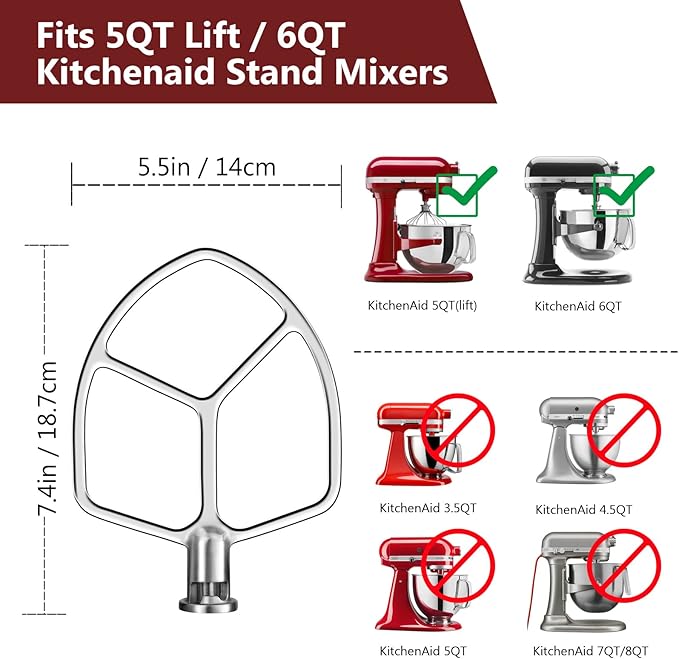 Stainless Steel Flat Beater for Kitchenaid Stand Mixers 5 Quart Lift and 6 Quart, Paddle Attachment Compatible with KitchenAid, Dishwasher Safe