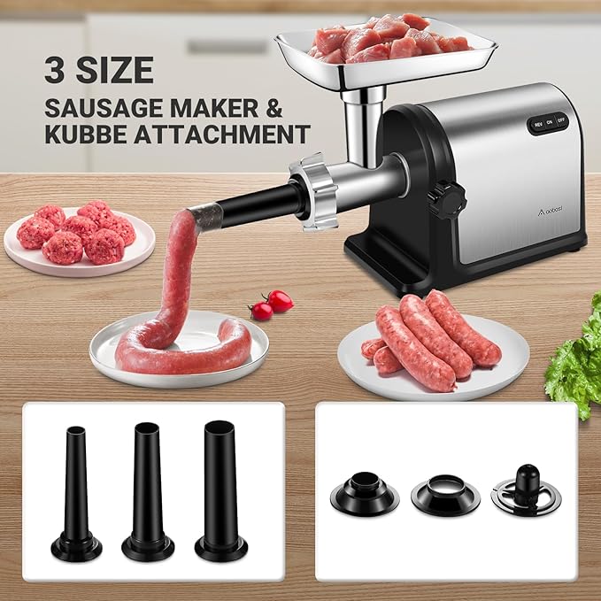 AAOBOSI #10 Meat Grinder Electric [3000W] Heavy Duty Stainless Steel Meat Mincer with 3 Grinding Plates, 3 Sausage Stuffer Tubes & Kubbe Attachments,Easy One-Button Control