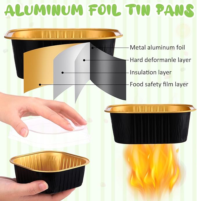 Aoriher 150 Pieces 10 oz Mini Cake Pans with Lids Aluminum Foil Baking Cups Square Disposable 4" x 4" Large Cupcake Cups Baking Tins for Kitchen Brownie Pudding Desserts Holders(Black, Gold)