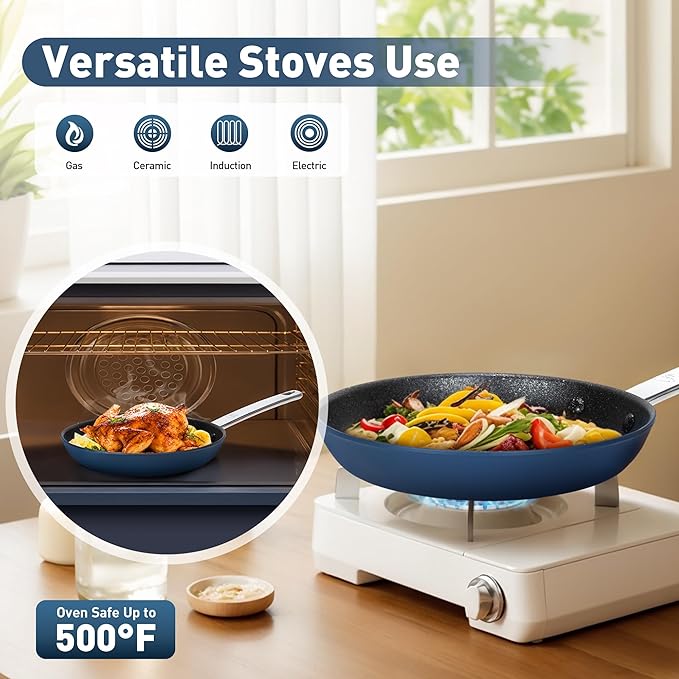 DishDelight Pots and Pans Set Nonstick, 9,11 Inch Frying Pan Set, Induction Ceramic Frying Pans with Stay-Cool Handles, Added Plasma Diamond, Blue