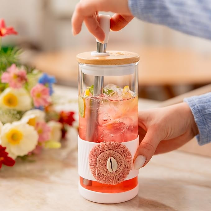 Pandaloo® Glass Cups With Lids and Straws -20 Fl Oz- Perfect Size Iced Coffee Cup - Smoothie Cup With Bamboo Lid and On the go Lid (Ethnic chic-Pink Powder, 1 Count (Pack of 1))