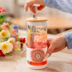 Pandaloo® Glass Cups With Lids and Straws -20 Fl Oz- Perfect Size Iced Coffee Cup - Smoothie Cup With Bamboo Lid and On the go Lid (Ethnic chic-Pink Powder, 1 Count (Pack of 1))