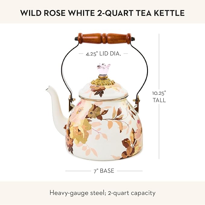 MACKENZIE-CHILDS Enamel Tea Kettle, Cute Tea Kettle for Stovetop, 2 Quarts, Wild Rose White