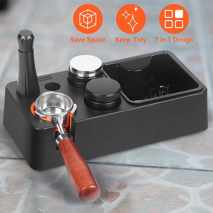 Espresso Knock Box with Storage – 3-in-1 Coffee Organizer & Espresso Tamping Station for 51mm, 53mm, 58mm Tamper – Non-Slip Base, Removable Knock Bin – Barista Accessories Holder for Espresso Machine