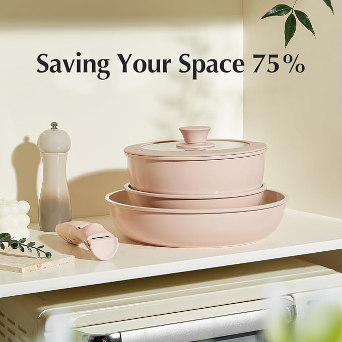 Redchef Ceramic Cookware Set, Removable Handle Pots and Pans Non-Stick, Rv Cookware Set, Non-Toxic Pots and Pans Set No PFAS, PTFE, PFOA, Detachable Pots and Pans, Dishwasher & Oven Safe (Pink)