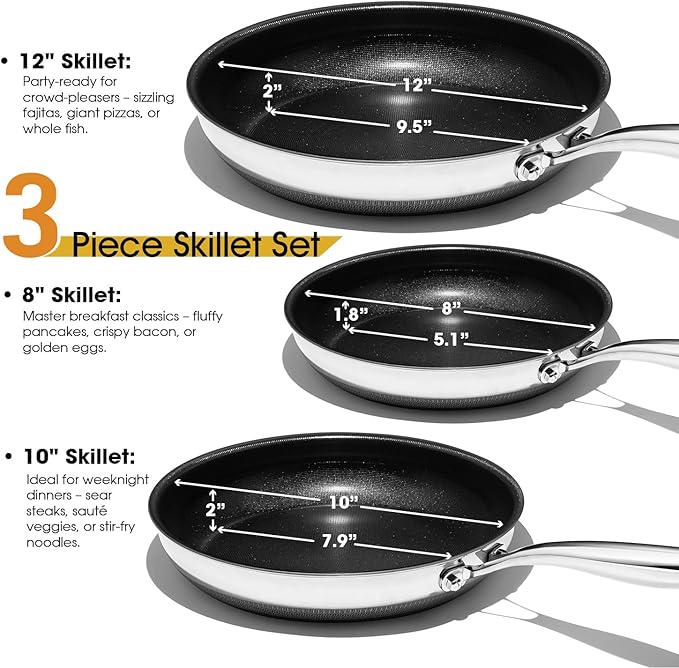 Nonstick Frying Pan Set – 8" 10" 12" Titanium Ceramic Skillet with Lid, Stay-Cool Handle,PFAS, PTFE, PFOA-Free, Non-Toxic, Dishwasher & Oven Safe, Compatible with All Cooktops