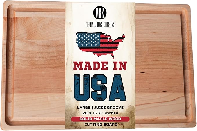 Made in USA Large Solid Maple Wood Cutting Board by Virginia Boys Kitchens - Butcher Block Wooden Carving Board with Juice Groove made from Sustainable North American Hardwood (20x15)