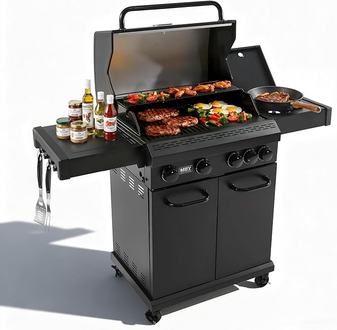 4-Burner Propane Gas Grill, 50,000 BTU Heavy Duty Outdoor BBQ Grill with Side Burner, Cast Iron Cooking Grates & Griddle for Backyard Barbecue