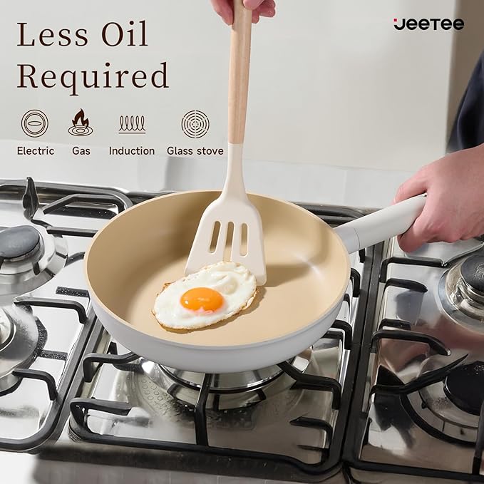 JEETEE Ceramic Cookware Set, 15 PCS Pots and Pans Set Non Stick with Removable Handles, Non Toxic Induction Kitchen Cookware Sets, Oven Safe PFAS/PFOA Free Cream