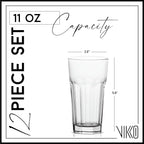 Vikko Drinking Glasses, 11 Ounce Large Glass Cups, Durable Glasses Set of 12, Stackable Water Glass, Highball Heavy Base Tumblers, Dishwasher Safe