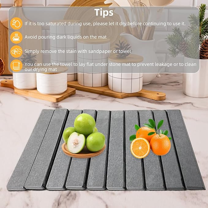 Large Stone Dish Drying Mats for Kitchen Counter, 24"(L)×16"(W), Fast Dry Super Absorbent Collapsible Dish Drying Pad (Light Grey, 24"(L)×16"(W))