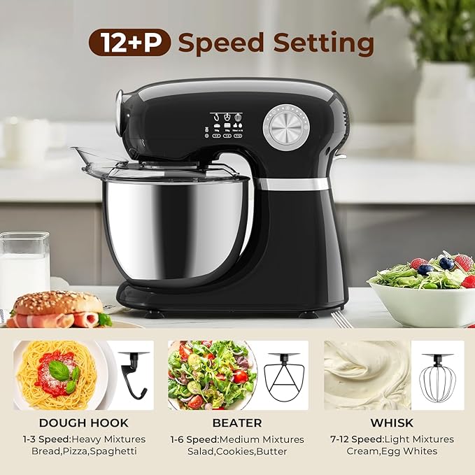 Stand Mixer With 12 Speed,5.3 Quart Electric Mixer With Tilt Head, Kitchen Mixer for Daily Use with Egg Whisk,Dough Hook,Flat Beater,BLACK