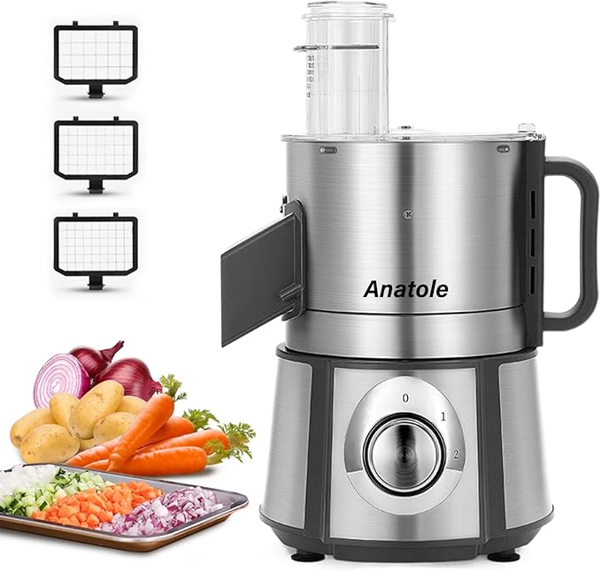 Anatole Electric Vegetable Dicer Stainless Steel 16-Cup Food Processor 300W Commercial Veggie Fruits Chopper Heavy Duty with 1/4" 3/8" 1/2" Blades Auto Discharge for Potato Onion Carrot