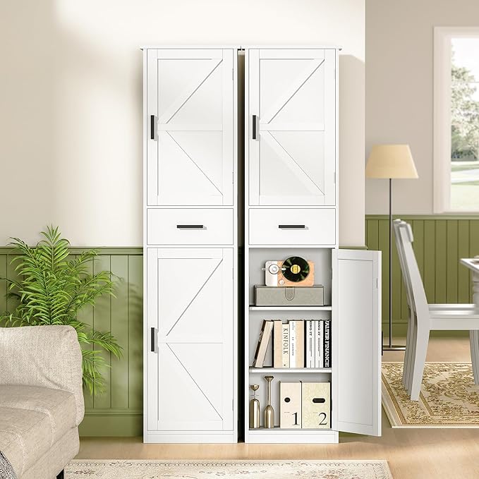 WEENFON Tall Bathroom Cabinet, Storage Cabinet with 6 Shelves & Drawer, Bathroom Storage Cabinet with Adjustable Shelves, Tall Cabinet for Living Room, Home Office, White