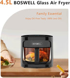 BOSWELL Glass Air Fryer, 4.5QT Transparent Fry Bowl, Circulating Heating, Non Toxic, Large Capacity Air Fryer Roast, Temperature Control Dishwasher Safe (Black)