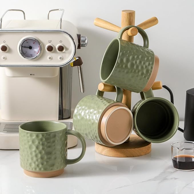 Nihow 16OZ Stackable Coffee Mug Set, Large Ceramic Coffee Mug Set of 4,Coffee Cup Set for Cappuccino/Latte/Cocoa,Dishwasher & Microwave Safe, Matte Green