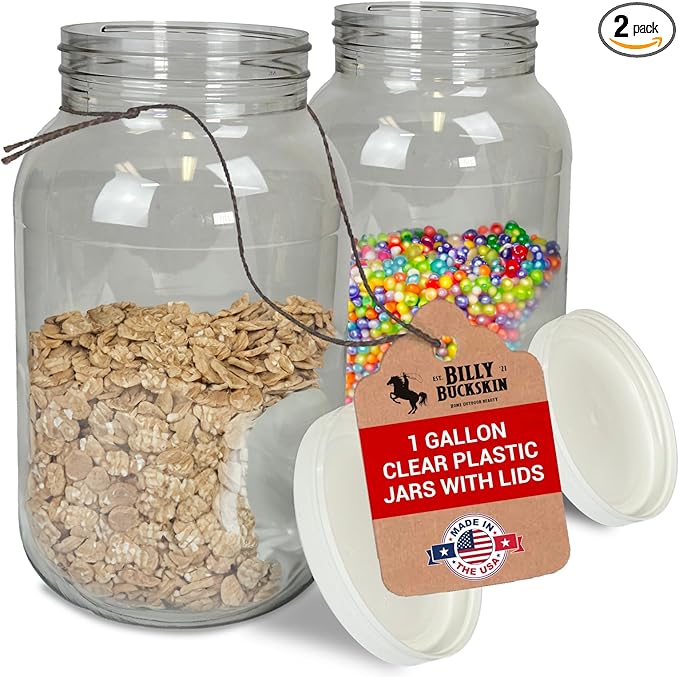 (Pack of 2) 1 Gallon Clear Plastic Jars with Lids, Food-Safe, Candy & Cookie Plastic Containers Jars w/Lids for Buffets & Party Events, Ideal for Kitchen & Pantry Food Storage by Billy Buckskin Co.
