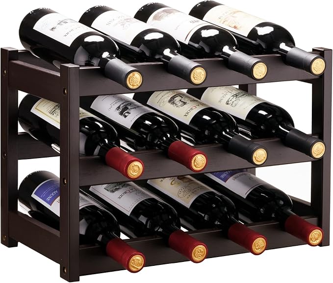 VASMIA Bamboo Wine Rack, Sturdy and Durable Wine Storage Cabinet Shelf, Wine Racks Countertop for Pantry,Kitchen,3-Tier 12 Bottles Wine Rack Brown