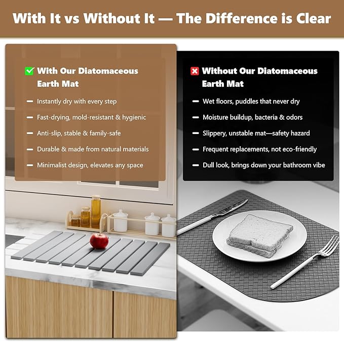 Large Stone Drying Mat for Kitchen Counter, 24"(L)×16"(W), Foldable Diatomaceous Earth Mat, Fast Drying & Absorbent Pad for Dishes, Bottles, Cups, Bathroom & Any Countertop (Gray)