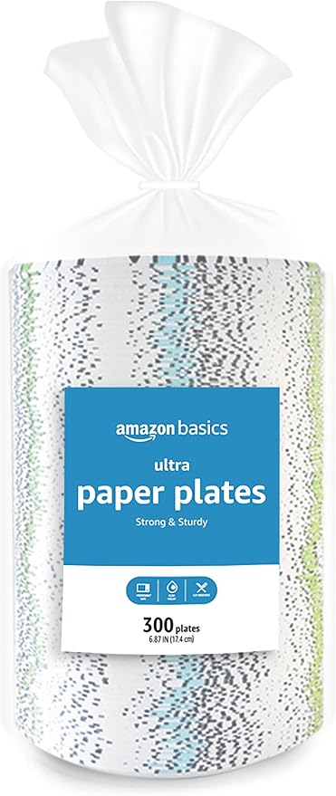 Amazon Basics Ultra Paper Plates, 6.87 Inch, Disposable, 1200 Count (4 Packs of 300) (Previously Encore)
