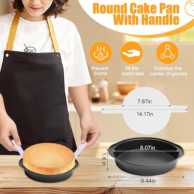 8" Round Cake Pan, 3PCS Nonstick Cake Pans with 100 PCS Parchment Paper, Carbon Steel Cake Baking Pans with Handle, Dishwasher Safe