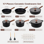 JEETEE Ceramic Cookware Sets 17 pcs, Healthy Pots and Pans Set Non Stick, Induction Kitchen Cooking Set with Removable Handles, Stackable Pots Pans, Oven Safe, PFOA/PFOS Free, Black