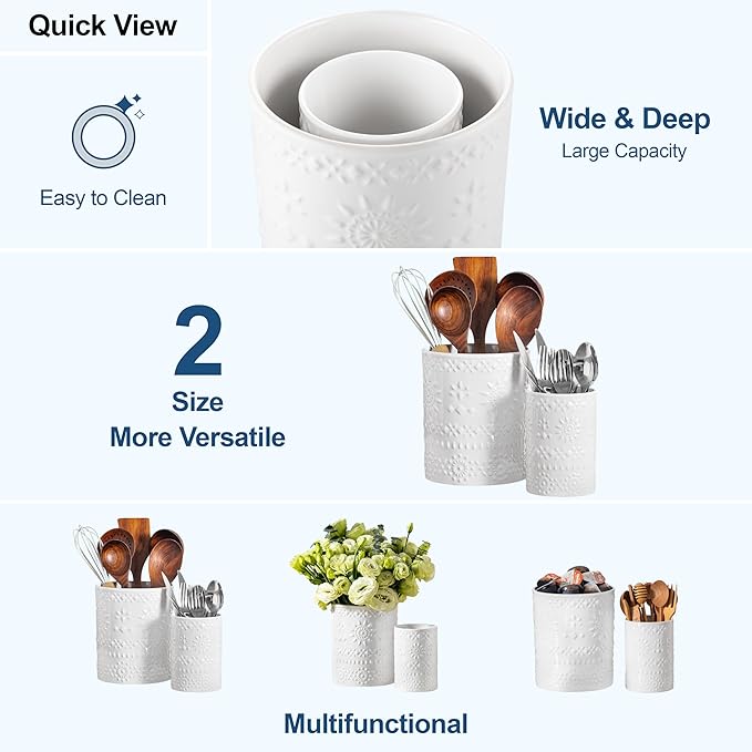 LOVECASA Utensil Holder, 7.2"+5.4" Ceramic Utensil Holder for Countertop, Large Cooking Utensil Crocks for Kitchen Counter, Farmhouse Utensil Vase for Housewarming, Kitchen Decor, Set of 2, Snow
