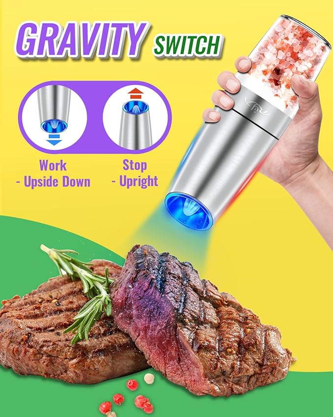 Rongyuxuan Gravity Electri Salt and Pepper Mill Set,Pepper Grinder with Ceramic Rotor,Acrylic Container,Stainless Steel Middle,Blue LED Light,Battery Powered,Adjustable Coarseness,One Hand Use,Sliver