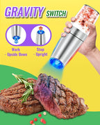 Rongyuxuan Gravity Electri Salt and Pepper Mill Set,Pepper Grinder with Ceramic Rotor,Acrylic Container,Stainless Steel Middle,Blue LED Light,Battery Powered,Adjustable Coarseness,One Hand Use,Sliver