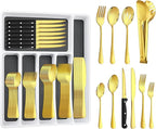 53PCS Gold Silverware Set for 8 with Cutlery Drawer Organizer, Stainless Steel Flatware Set with Steak Knives, Include Spoons and Forks Set & Serving Utensils, Mirror Polished