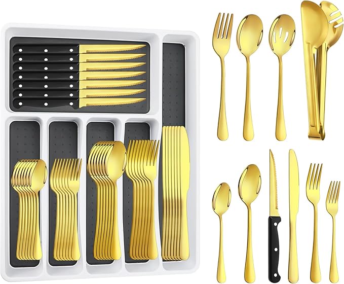 53PCS Gold Silverware Set for 8 with Cutlery Drawer Organizer, Stainless Steel Flatware Set with Steak Knives, Include Spoons and Forks Set & Serving Utensils, Mirror Polished