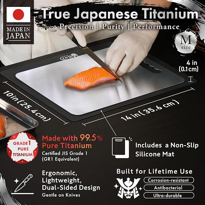 Titanium Cutting Board | 99.5% Pure Japanese Titanium | Non-Toxic | Lightweight & Dishwasher Safe | M Size | Made in Japan | With Non-Slip Mat | For Kitchen & Camping Use