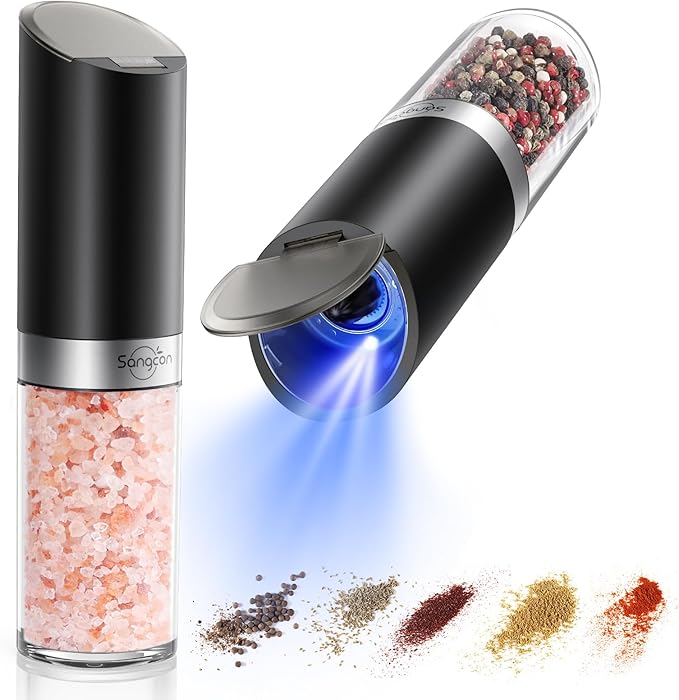 Sangcon Gravity Electric Salt and Pepper Grinder Set with Dust Cover, XL CAPACITY, Battery Operated(4 AAA), Adjustable Coarseness, One Hand Automatic Salt and Pepper Shakers Set Mill with LED Light