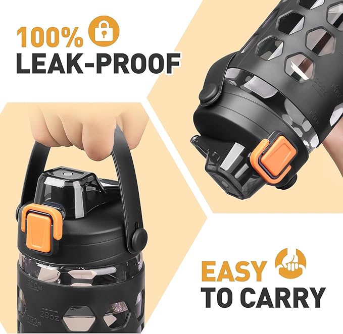 MUKOKO 32 oz Glass Tumbler with Straw,Glass Water Bottles with Time Marker,Iced Coffee Cup with 2 Lids-Handle Spout Lid&Straw Lid,Silicone Sleeve,Leakproof,1 Pack-Black